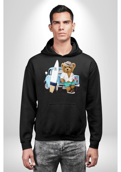 Sörfçü Arabalı Tatlı Oyuncak Ayı Kadın Erkek Baskılı Üç Iplik Siyah Kapüşonlu Hodie Sweatshirt fırsatları