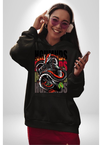 Italyan Motoru ve Ejderha Kadın Erkek Baskılı Üç Iplik Siyah Kapüşonlu Hodie Sweatshirt