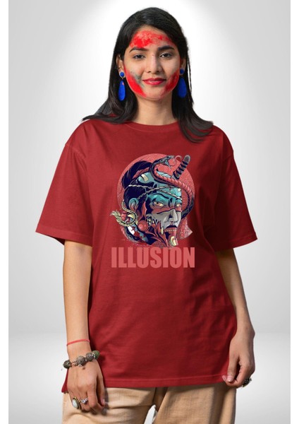 Ilüzyon Yılan Katana Samuray Kadın Erkek Ön Baskılı Kırmızı Pamuklu Tişört Penye Klasik