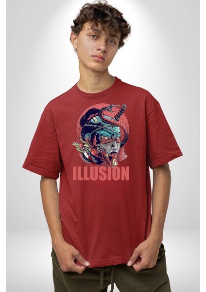 Ilüzyon Yılan Katana Samuray Kadın Erkek Ön Baskılı Kırmızı Pamuklu Tişört Penye Klasik modelleri
