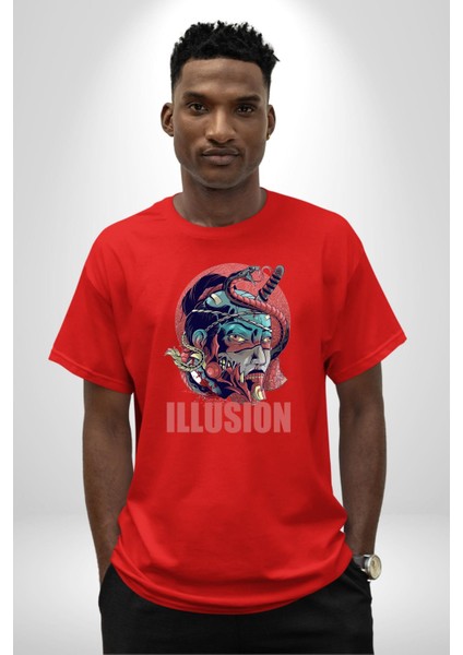 Ilüzyon Yılan Katana Samuray Kadın Erkek Ön Baskılı Kırmızı Pamuklu Tişört Penye Klasik indirimleri