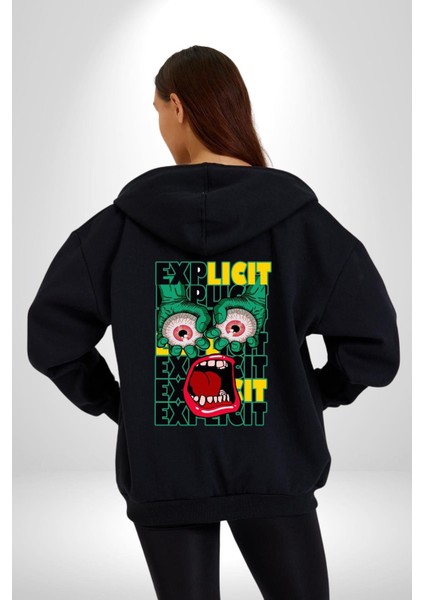 Çığlık Atan Gözler ve Ağız Kadın Erkek Baskılı Fermuarlı Kapüşonlu Hırka Sweatshirt indirimleri