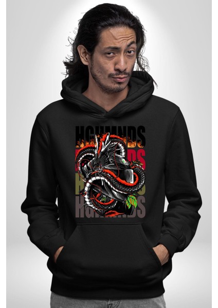 Italyan Motoru ve Ejderha Kadın Erkek Baskılı Üç Iplik Siyah Kapüşonlu Hodie Sweatshirt modelleri