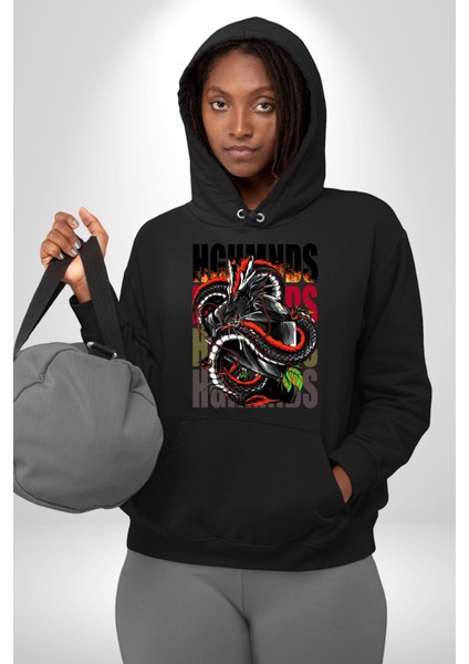 Italyan Motoru ve Ejderha Kadın Erkek Baskılı Üç Iplik Siyah Kapüşonlu Hodie Sweatshirt fırsatları