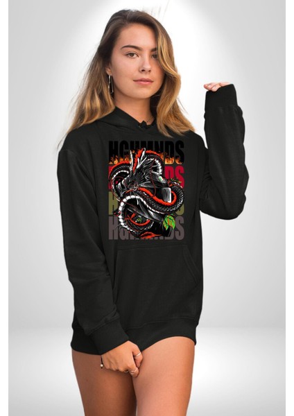 Italyan Motoru ve Ejderha Kadın Erkek Baskılı Üç Iplik Siyah Kapüşonlu Hodie Sweatshirt indirimleri