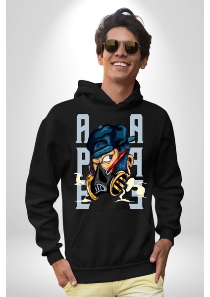 Maskeli Maymun Sokak Tarzı Kadın Erkek Baskılı Üç Iplik Siyah Kapüşonlu Hodie Sweatshirt fiyatları