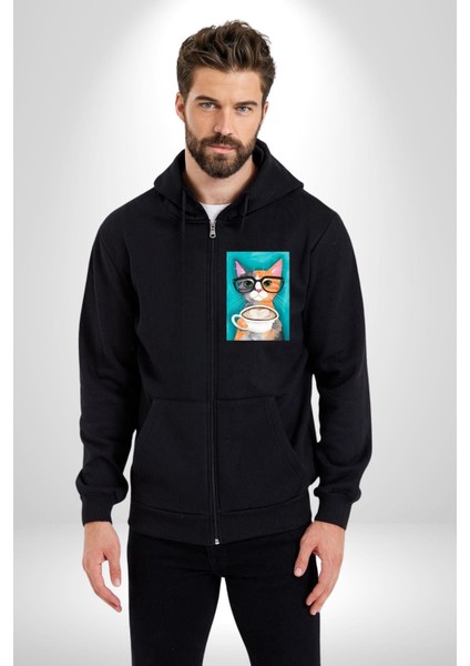 Kahve Içen Gözlüklü Entel Kedi Kadın Erkek Baskılı Fermuarlı Kapüşonlu Hırka Sweatshirt