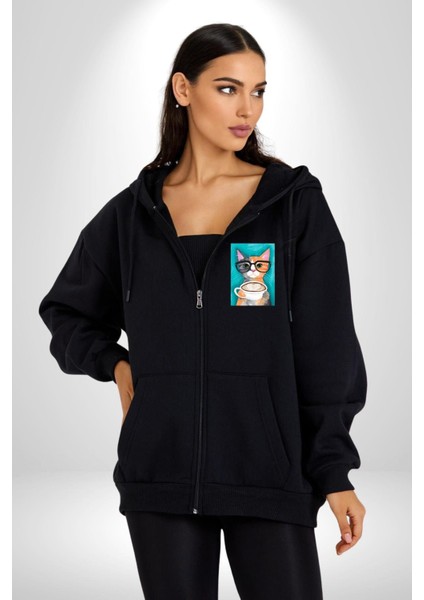 Kahve Içen Gözlüklü Entel Kedi Kadın Erkek Baskılı Fermuarlı Kapüşonlu Hırka Sweatshirt fiyatları