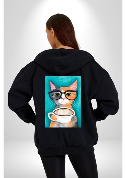 Kahve Içen Gözlüklü Entel Kedi Kadın Erkek Baskılı Fermuarlı Kapüşonlu Hırka Sweatshirt modelleri