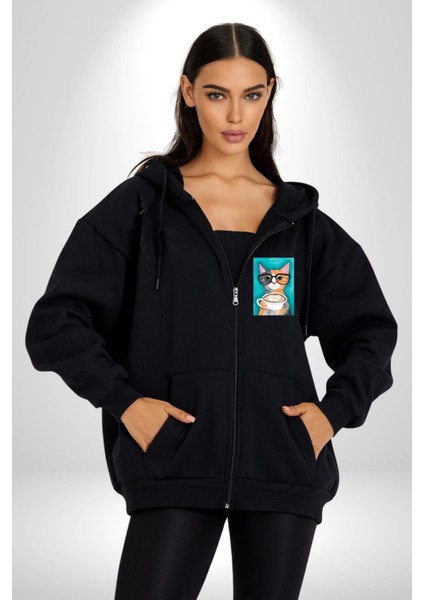 Kahve Içen Gözlüklü Entel Kedi Kadın Erkek Baskılı Fermuarlı Kapüşonlu Hırka Sweatshirt fırsatları