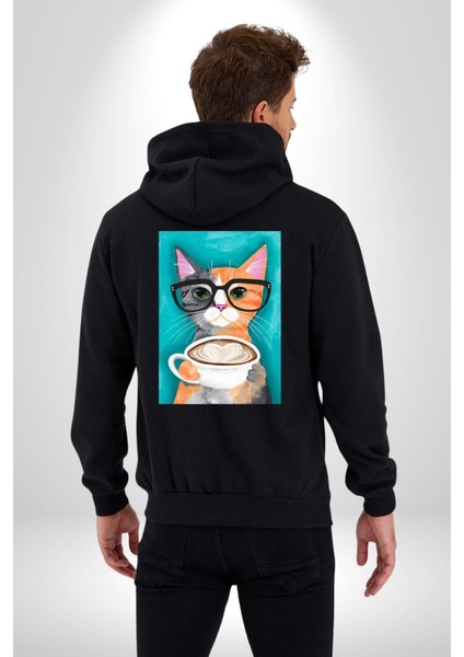 Kahve Içen Gözlüklü Entel Kedi Kadın Erkek Baskılı Fermuarlı Kapüşonlu Hırka Sweatshirt indirimleri