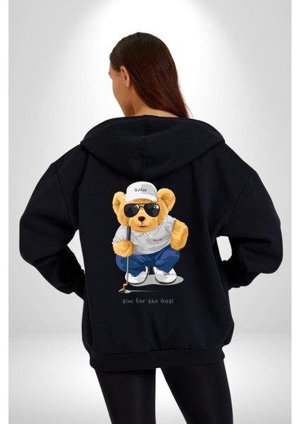 Hedefin Peşindeyim Golfçü Oyuncak Ayı Kadın Erkek Baskılı Fermuarlı Kapüşonlu Hırka Sweatshirt modelleri