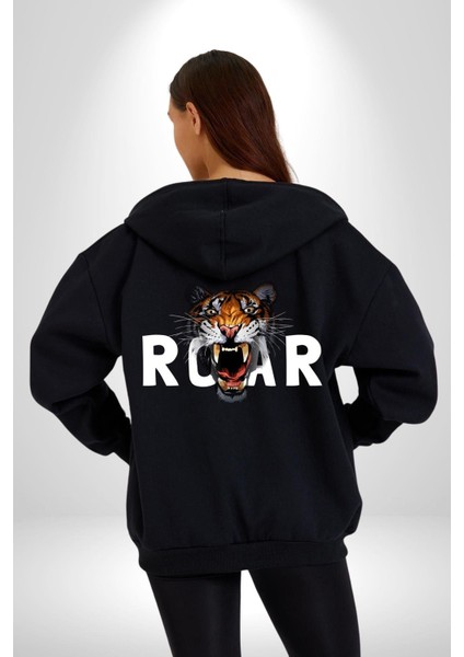 Kükreyen Kaplan Roar Kadın Erkek Baskılı Fermuarlı Kapüşonlu Hırka Sweatshirt