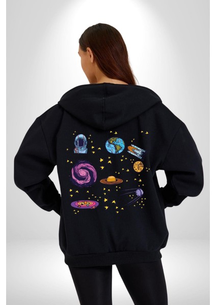Uzay Evrensel Yıldızlar Gezegenler Kadın Erkek Baskılı Fermuarlı Kapüşonlu Hırka Sweatshirt indirimleri