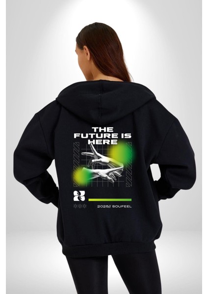 Gelecek Burada Modern Eller Kadın Erkek Baskılı Fermuarlı Kapüşonlu Hırka Sweatshirt indirimleri