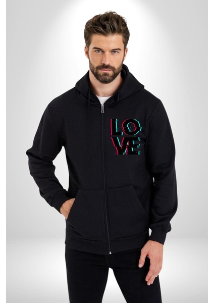 Glitch Aşk Yazısı Mavi Kırmızı Tonları Kadın Erkek Baskılı Fermuarlı Kapüşonlu Hırka Sweatshirt fırsatları