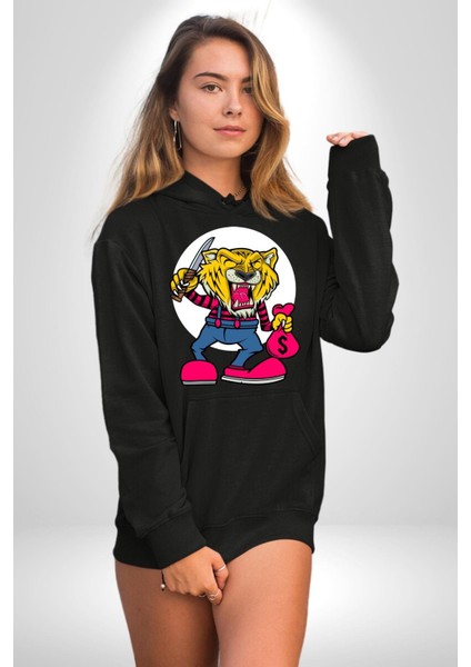 Gaspçı Kaplan Para Tutan Kadın Erkek Baskılı Üç Iplik Siyah Kapüşonlu Hodie Sweatshirt