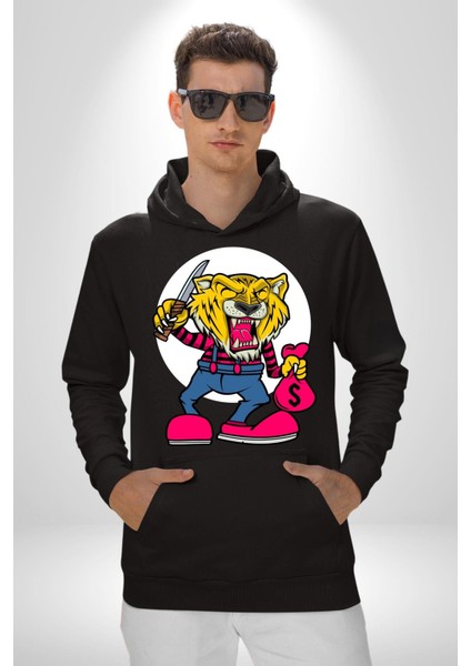 Gaspçı Kaplan Para Tutan Kadın Erkek Baskılı Üç Iplik Siyah Kapüşonlu Hodie Sweatshirt modelleri