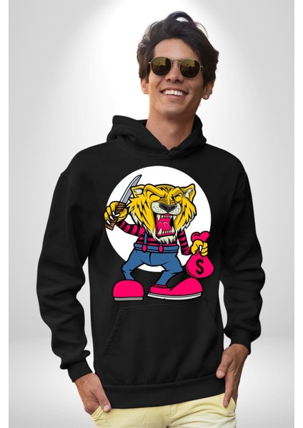 Gaspçı Kaplan Para Tutan Kadın Erkek Baskılı Üç Iplik Siyah Kapüşonlu Hodie Sweatshirt fırsatları
