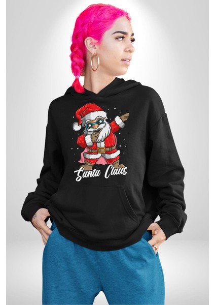 Dab Yapan Noel Baba Havalı Gözlüklü Kadın Erkek Baskılı Üç Iplik Siyah Kapüşonlu Hodie Sweatshirt