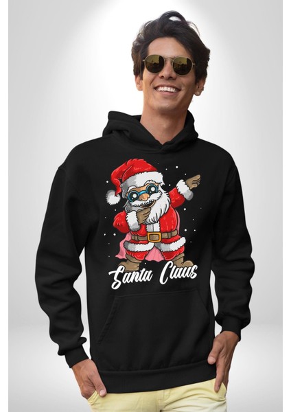 Dab Yapan Noel Baba Havalı Gözlüklü Kadın Erkek Baskılı Üç Iplik Siyah Kapüşonlu Hodie Sweatshirt modelleri