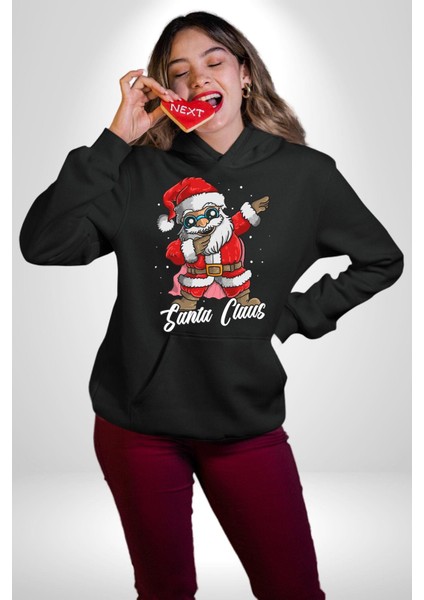 Dab Yapan Noel Baba Havalı Gözlüklü Kadın Erkek Baskılı Üç Iplik Siyah Kapüşonlu Hodie Sweatshirt fırsatları