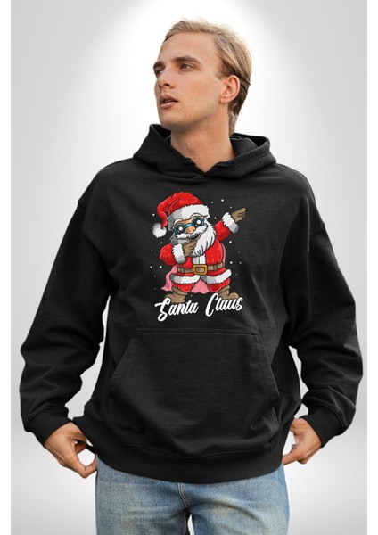 Dab Yapan Noel Baba Havalı Gözlüklü Kadın Erkek Baskılı Üç Iplik Siyah Kapüşonlu Hodie Sweatshirt indirimleri