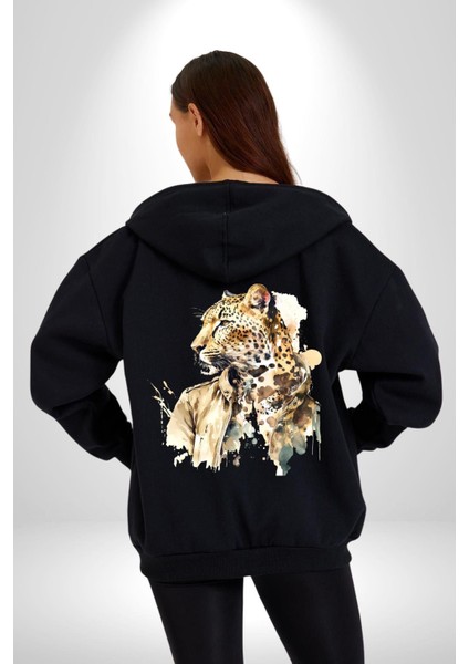 Tarz Leopar Ceketli Çizim Kadın Erkek Baskılı Fermuarlı Kapüşonlu Hırka Sweatshirt modelleri