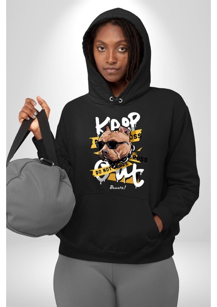 Pitbull Uzak Dur Kadın Erkek Baskılı Üç Iplik Siyah Kapüşonlu Hodie Sweatshirt