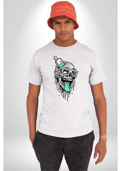 Dondurma Gözlüklü Kurukafa Dil Çıkarmış Kadın Erkek Ön Baskılı Beyaz Pamuklu Tişört Penye Klasik