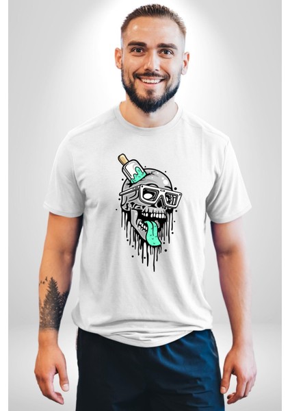 Dondurma Gözlüklü Kurukafa Dil Çıkarmış Kadın Erkek Ön Baskılı Beyaz Pamuklu Tişört Penye Klasik fiyatları