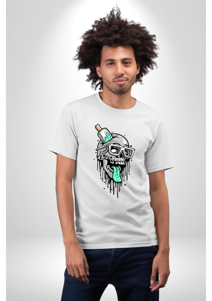 Dondurma Gözlüklü Kurukafa Dil Çıkarmış Kadın Erkek Ön Baskılı Beyaz Pamuklu Tişört Penye Klasik modelleri