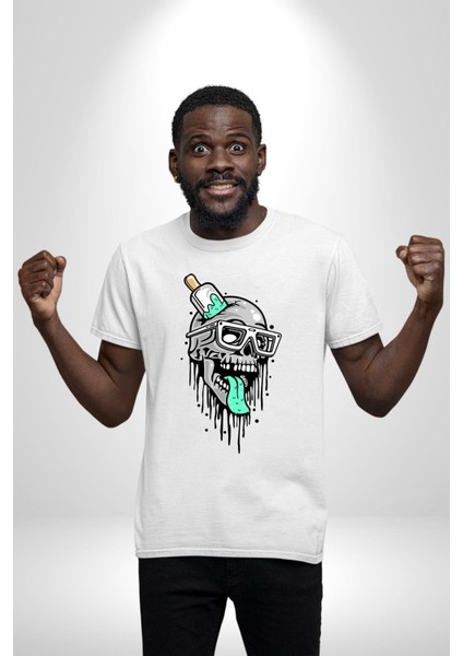 Dondurma Gözlüklü Kurukafa Dil Çıkarmış Kadın Erkek Ön Baskılı Beyaz Pamuklu Tişört Penye Klasik fırsatları