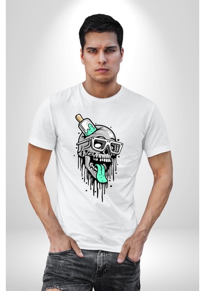 Dondurma Gözlüklü Kurukafa Dil Çıkarmış Kadın Erkek Ön Baskılı Beyaz Pamuklu Tişört Penye Klasik indirimleri
