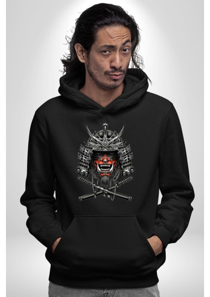 Japon Samuray Katana Savaşçı Kadın Erkek Baskılı Üç Iplik Siyah Kapüşonlu Hodie Sweatshirt indirimleri