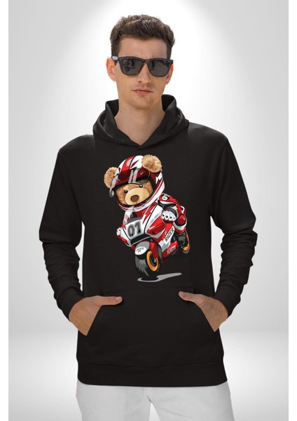 Profesyonel Motorcu Oyuncak Ayı Kadın Erkek Baskılı Üç Iplik Siyah Kapüşonlu Hodie Sweatshirt modelleri