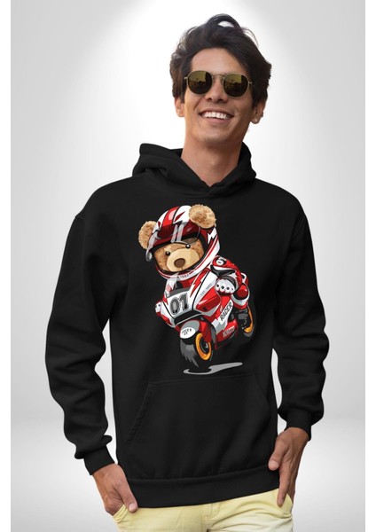 Profesyonel Motorcu Oyuncak Ayı Kadın Erkek Baskılı Üç Iplik Siyah Kapüşonlu Hodie Sweatshirt fırsatları