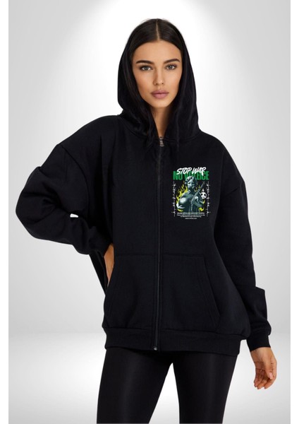 Savaşı Durdurun Şiddete Hayır Barış Kadın Erkek Baskılı Fermuarlı Kapüşonlu Hırka Sweatshirt