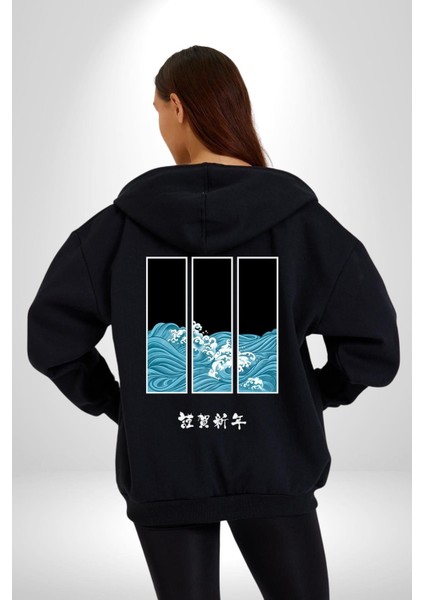 Japon Dalgaları Japonya Kadın Erkek Baskılı Fermuarlı Kapüşonlu Hırka Sweatshirt modelleri