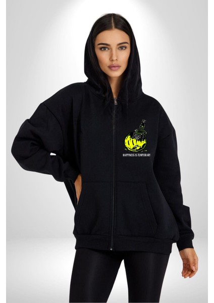 Gülen Surat Mutluluk Geçicidir Kadın Erkek Baskılı Fermuarlı Kapüşonlu Hırka Sweatshirt fiyatları