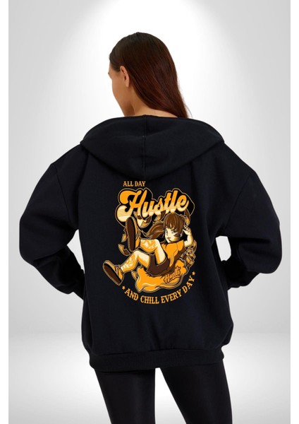 Bütün Gün Koştur ve Sakinle Kadın Erkek Baskılı Fermuarlı Kapüşonlu Hırka Sweatshirt