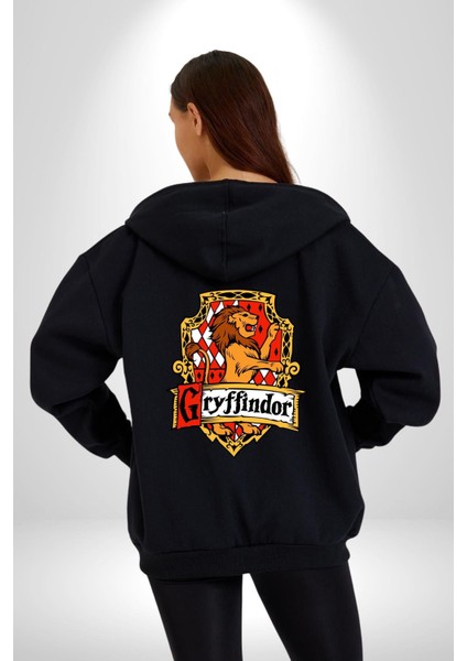 Gryfindor Aslan Logo Kadın Erkek Baskılı Fermuarlı Kapüşonlu Hırka Sweatshirt