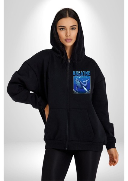 Nefes Al Okyanus Balina Deniz Canlısı Kadın Erkek Baskılı Fermuarlı Kapüşonlu Hırka Sweatshirt