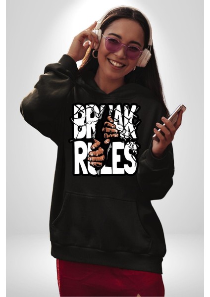 Kuralları Boz Düzene Karşı Çık Kadın Erkek Baskılı Üç Iplik Siyah Kapüşonlu Hodie Sweatshirt