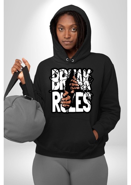 Kuralları Boz Düzene Karşı Çık Kadın Erkek Baskılı Üç Iplik Siyah Kapüşonlu Hodie Sweatshirt fırsatları