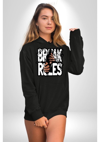 Kuralları Boz Düzene Karşı Çık Kadın Erkek Baskılı Üç Iplik Siyah Kapüşonlu Hodie Sweatshirt indirimleri