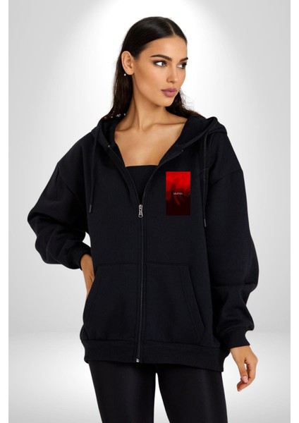 Kırmızı Renklerinin Sanatsal Uyumu Kadın Erkek Baskılı Fermuarlı Kapüşonlu Hırka Sweatshirt fiyatları
