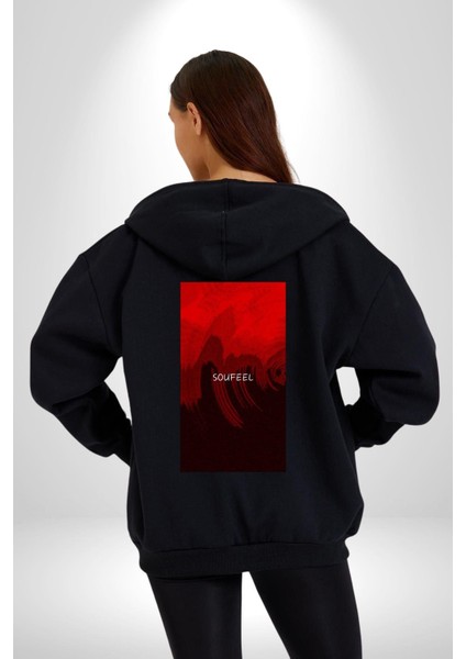 Kırmızı Renklerinin Sanatsal Uyumu Kadın Erkek Baskılı Fermuarlı Kapüşonlu Hırka Sweatshirt indirimleri