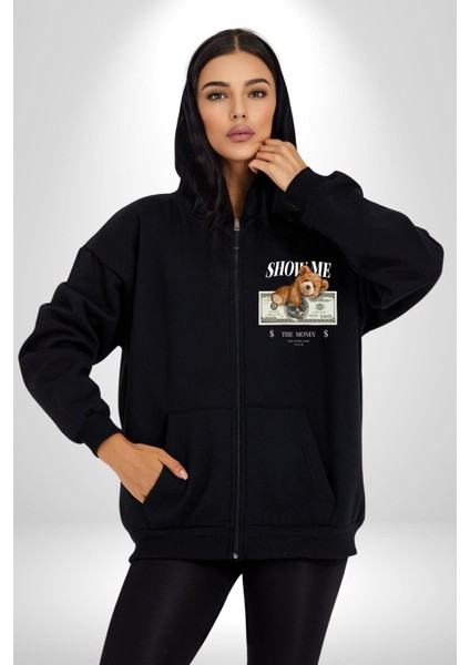 Amerikan Doları ve Oyuncak Ayı Kadın Erkek Baskılı Fermuarlı Kapüşonlu Hırka Sweatshirt