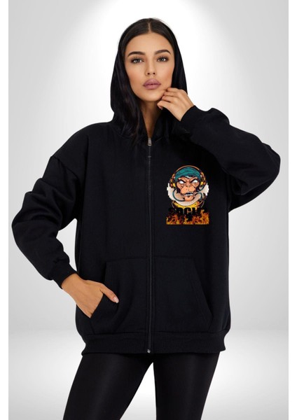 Sosyal Çılgın Dj Maymun Kadın Erkek Baskılı Fermuarlı Kapüşonlu Hırka Sweatshirt